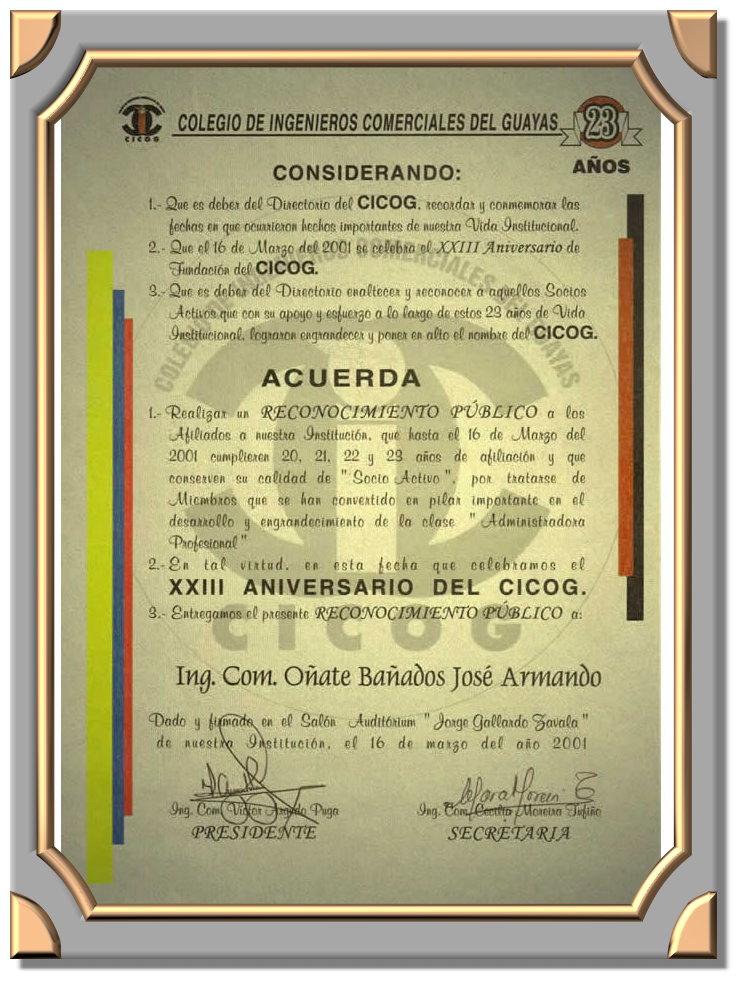 Reconocimiento publico Ing. Com. Jose Oñate Bañados